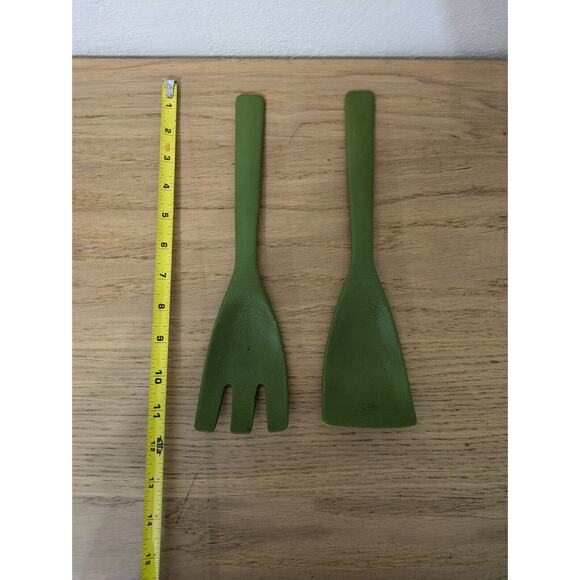Salad Serving Set Kitchenware Olive Green Fork & Spoon Vintage - Picture 5 of 5